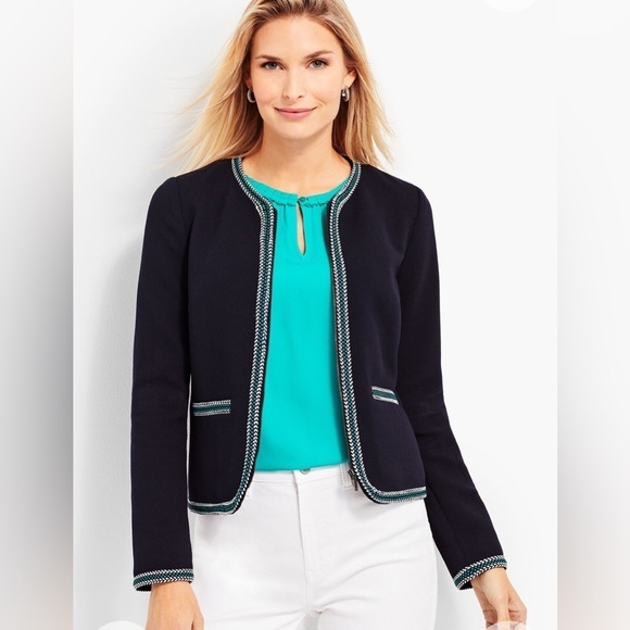 Talbots Jackets & Blazers - Talbots Braided Trim Zip Jacket Blazer Pockets Navy Green White Size 10